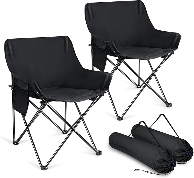 Joyfair Outdoor Camping Chair for Adult, Large Portable Folding Moon Chairs with Carry Bag for Patio Beach, Fishing, Lawn and More Outdoor Sports, 600D Oxford Fabric & Heavy Duty Steel (2, Black)