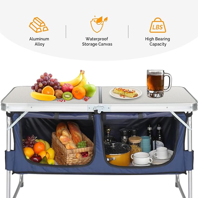 VINGLI 4 Ft Folding Table, Aluminum Camping Table, Picnic Table with Storage, Adjustable Height for Outdoor Beach BBQ Backyards Travel Party (White ＆ Blue)