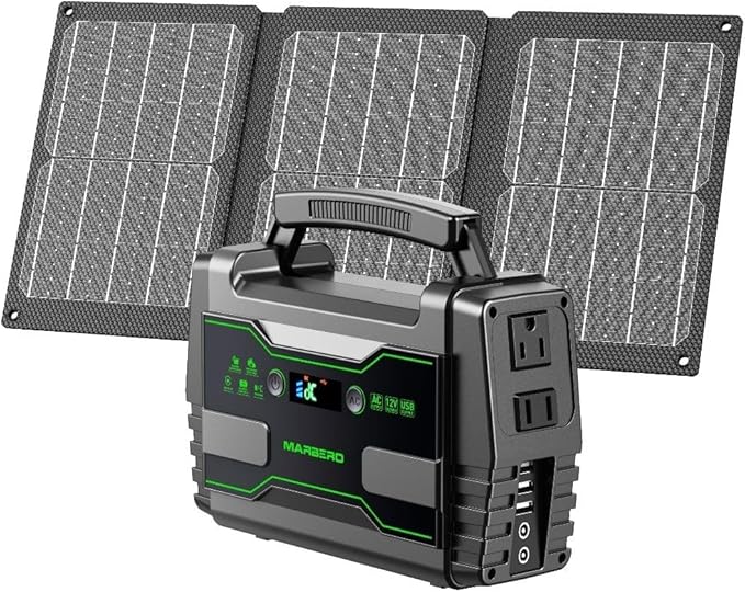 MARBERO Solar Generator 155Wh with 30W Solar Panel Portable Power Station with 2x 100W AC Outlets(Peak 150W), QC3.0 USB UL Certified for Home Blackout, Camping, RV Travel, Ultra-Light & Silent Fan