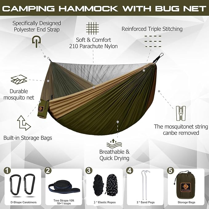 Camping Hammock with Mosquito Net,Lightweight 210T Nylon Hammocks,Portable Hammock with 10ft Tree Straps,Camping Gear Must Haves for Travel Hiking Backpacking Beach Patio-Green&Khaki