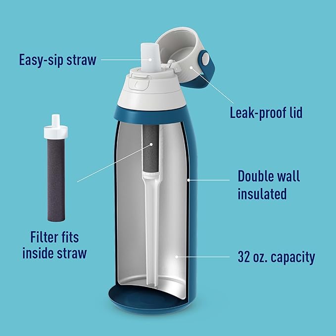 Brita Stainless Steel Premium Filtering Water Bottle, BPA-Free, Insulated, Replaces 300 Plastic Water Bottles, Filter Lasts 2 Months or 40 Gallons, Includes 1 Filter, Marina - 32 oz (Pack of 12)