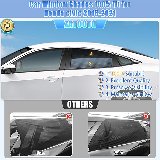 ZATOOTO Car Window Shades Civic 2016-2021 for Rear Window 2Pack car Shades for Back Windows Baby & Pet | Blocks 99% UV Rays & Heat | Breathable Mesh for Privacy & Bug Protection | Camping & Travel