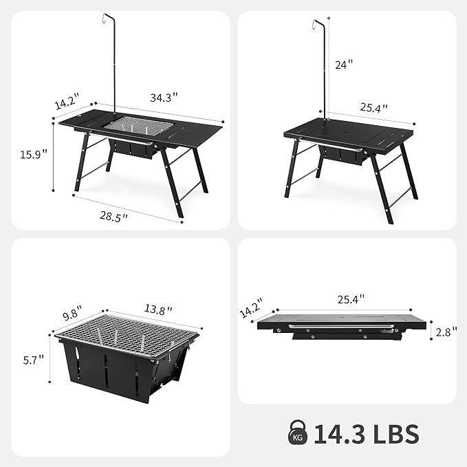 Naturehike Portable IGT Table with Charcoal Grill, Folding Camping Table and BBQ Grill with Desk Extension & Lantern Stand, Perfect for Outdoor Barbecue Camping Cooking Travel Picnic