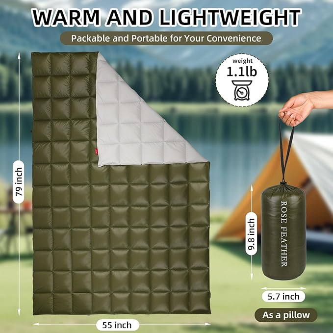 Down Camping Blanket - Lightweight, Packable, Warm & Puffy Outdoor Travel Quilt for Sleep, Hiking, Backpacking, Stadium, Festivals, Water-Resistant Sleeping Bag 55"x79"
