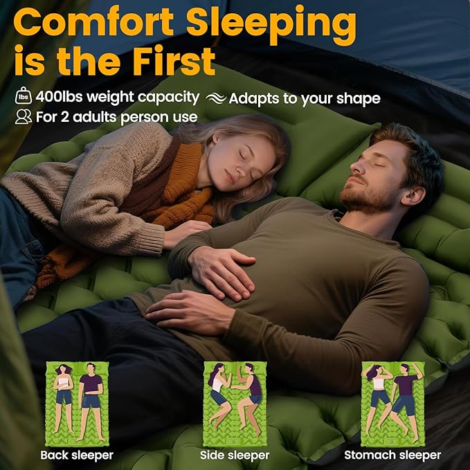 Ultralight Double Sleeping Pad for Camping, 4" Thick Inflatable Camping Mat with Built-in Foot Pump & Pillow for Backpacking, Hiking, Travel, Tent, Car