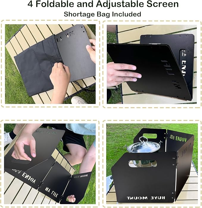 Stove Windscreen - Folding Camping Stove Windshield 4 Plates Stainless Steel Stove Windscreen for Outdoor, Picnic, Backpacking and Cooking Black