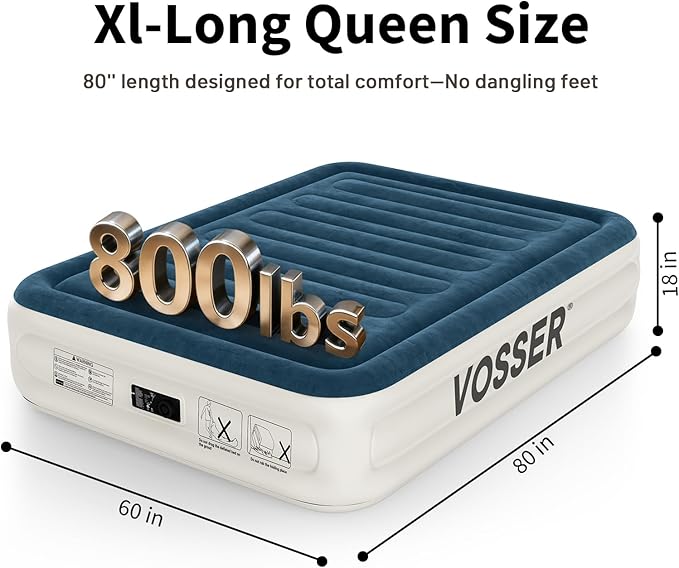 VOSSER Queen Air Mattress with Built-in Pump,18''Fast & Easy Inflation/Deflation Inflatable Mattress, Foldable Blow Up Mattress with Storage Bag, Inflatable Bed for Home, Camping & Guests
