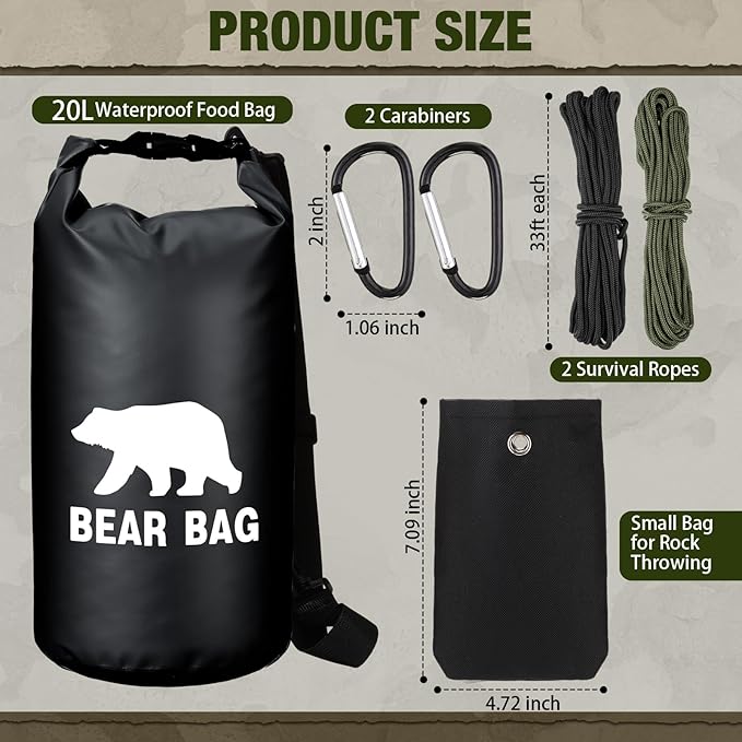 Foilswirl 1 Set Bear Food Bag for Camping Ultralight Food Hanging System Includes Waterproof Bear Bag, Nylon Ropes, Hooks for Camping Backpacking