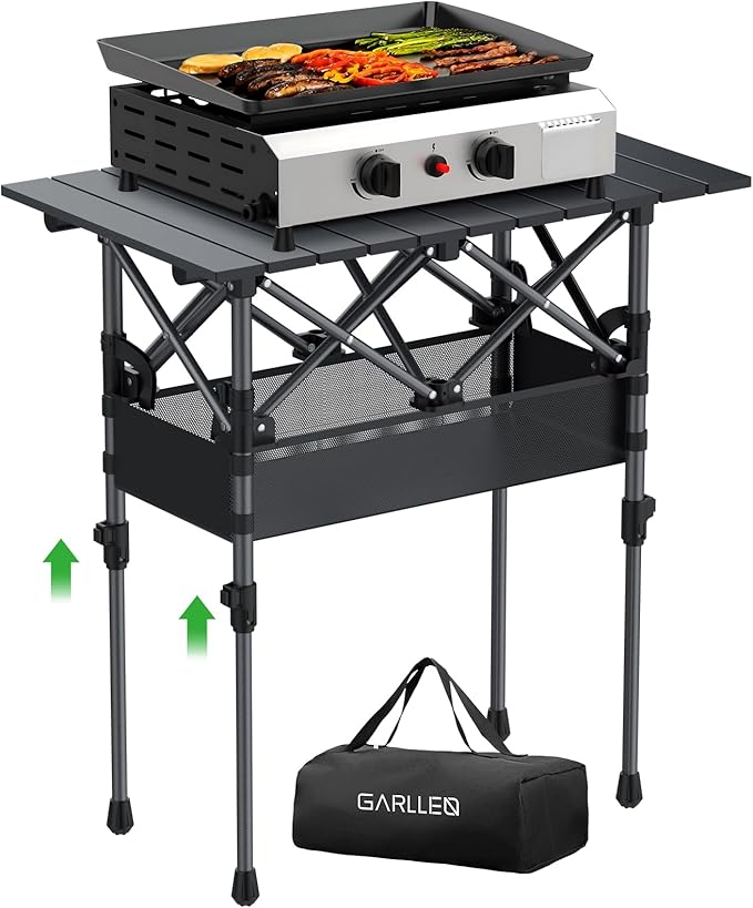 GARLLEN Folding Camping Table, 2-Height Adjustable Portable Picnic Table with Roll-up Tabletop, Lightweight Aluminum Outdoor Table with Storage Net & Carrying Bag for Camping, Picnic, BBQ