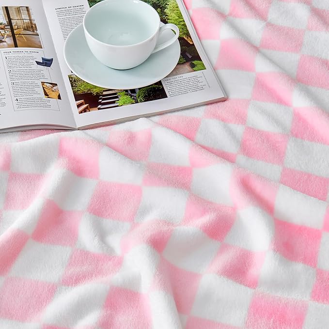 Edenleaf Pink Checkered Blanket, Ultra Soft Fleece Checkered Throw Blankets for Couch Bed and Travel, Luxury Throws for All Seasons, 50x60 Inch, Pink