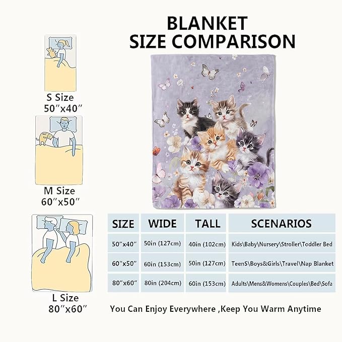 Adorable Kitten Blanket Cute Cat and Butterfly on Lavender Throw Blankets Gifts for Girls Women Adults Lightweight Soft Fleece Cozy for Sofa Couch Bed Room Travel Birthday Decor 40x50in
