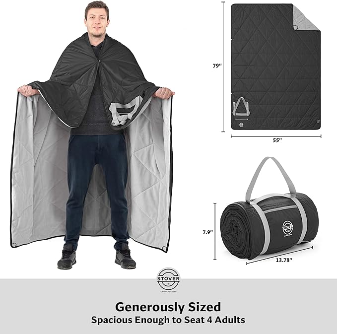 STOVER Large Waterproof Outdoor Stadium Blanket- Extra Thick Soft Fleece Camping Blanket for Travel, Picnics, Sports, Dogs- 79"x55", Warm, Windproof, Sand-Proof, Lightweight, Packable (Stadium Black)