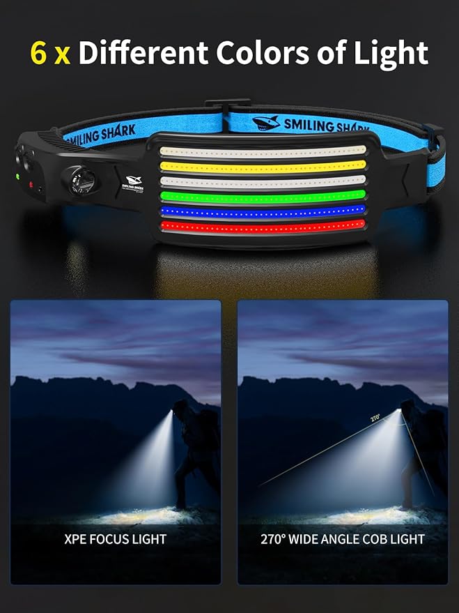 Smiling Shark Rechargeable Headlamp, 2 Pack 230°Wide Angle 5*Colors Light LED Head Lamp Waterproof Headlight for Camping Fishing Hiking Outdoor, Head-Lamp-LED-Frontale-Rechargeable