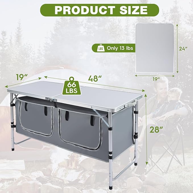 Outdoor Folding Camping Table with Storage Organizer, Portable Aluminum Composite Panel Lightweight Table, 3 Adjustable Height, for Indoor, BBQ, Party, Picnic, Hiking, Beach | Outdoor, Storage Organizer, Portable, Lightweight Table, Indoor, BBQ