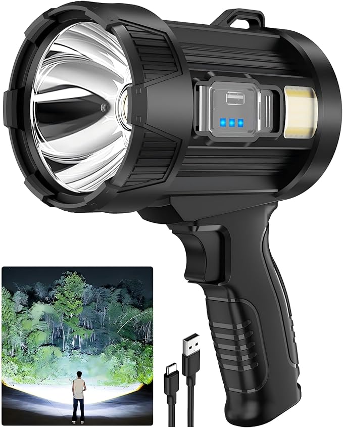 2,000,000 Lumens Rechargeable Spotlight Flashlight, Super Bright Handheld LED Spot Light with Solar Panels, COB Light & 3 Color Filters, IPX5 Waterproof for Camping, Boating, Home