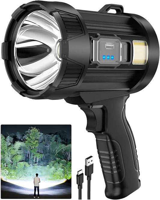 2,000,000 Lumens Rechargeable Spotlight Flashlight, Super Bright Handheld LED Spot Light with Solar Panels, COB Light & 3 Color Filters, IPX5 Waterproof for Camping, Boating, Home