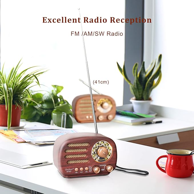 Oncheer Portable Vintage Radio Retro Bluetooth Speaker, FM/AM/SW Old Fashion Classic Style, Adjustable Antenna, Rechargeable Battery Powered & USB Charging, Support TF Card, USB Mp3 Playing Music
