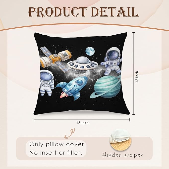 SPBL&L Galaxy Space Nursery Pillow Covers 18x18 Set of 2, Space Nursery Room Decor for Boys, Whimsical Cosmic Astronaut Planets Rocket Spacecraft Decorative Throw Pillow Covers for Kids Room Playroom