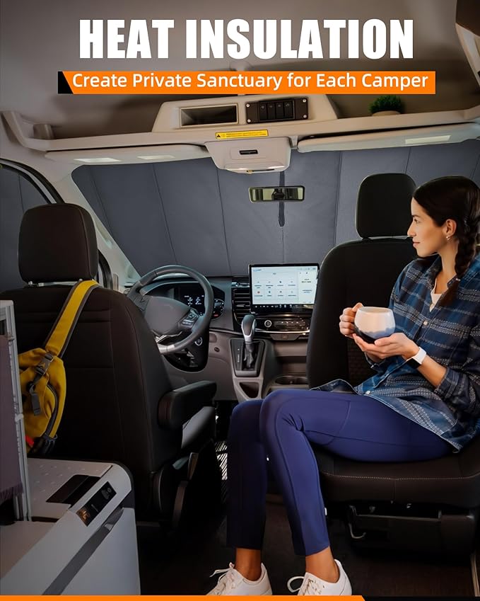 MELIPRON Insulated Blackout Window Cover Fit for Ford Transit 2015-2025, Front Windshield Sunshade, Blocks Light & UV, Keeps Cool in Summer & Warm in Winter, Perfect for Vanlife & Camping