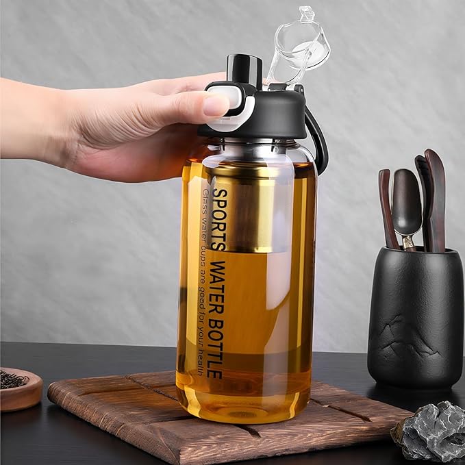 Glass Tea Bottle with Infuser - Gass Tea Tumbler with Infuser, Borosilicate Glass Infuser Water Bottle with Straw, Sleeve,Lock Lid and Handle, Leakproof (1 Liter)