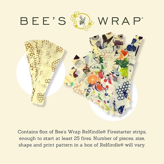 Bee's Wrap ReKindle Natural Fire Starters - 25 Fires - Made in USA Fire Starter from Organic Beeswax Wraps for Food - Safe for Indoor/Outdoor Use