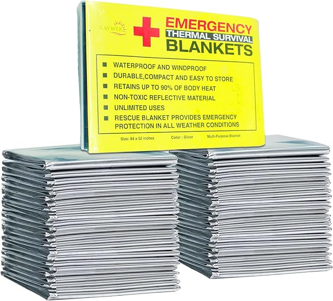 Rawyer Emergency Thermal Survival Blankets (4 Pack), Mylar Blankets for Outdoor, Camping, Hiking, Harsh Weather, Large Silver Thermal Sheets, Heavy Duty Survival Gear (4 pcs, Size 84x52)