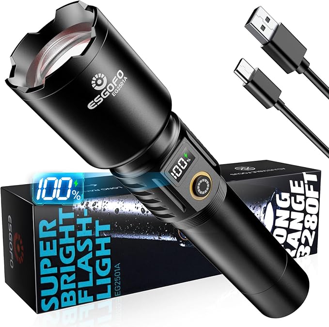 Esgofo Rechargeable Flashlights High Lumens 90,000 Long Range 3280FT, Super Bright Handheld Strong LED Flashlight Long Lasting 15H, Powerful Flash Light USB C, Zoomable 5 Modes, for Camping Hiking