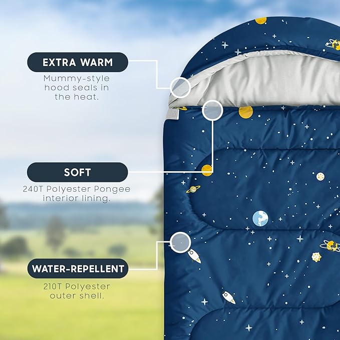 Wake In Cloud - Kids Sleeping Bag for Boys Toddlers, Camping in Warm Cold Weather, Backpacking Lightweight Compact Outdoor Liner for 3 Seasons, Galaxy Space