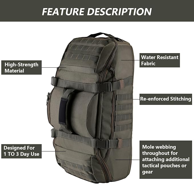 Hannibal Tactical 55L Large Duffle Bag, 3-in-1 Tactical Backpack MOLLE Pack for Sports, Gym, Outdoor, Olive Green