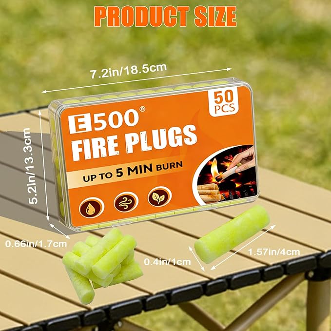 E500 Fire Plugs, 50 Pack Fire Starter Plugs, Waterproof & Wind Resistant, Long Burning Fire Starter for Campfires, Fireplaces, Grills & Outdoor Use