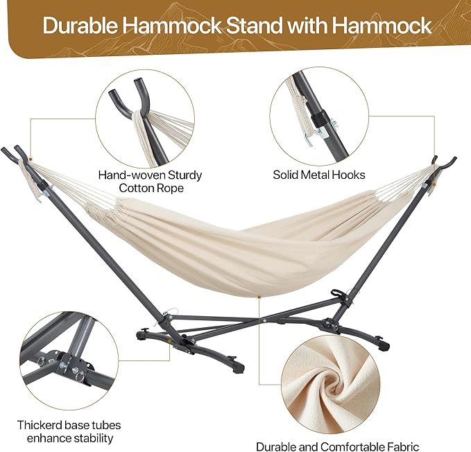 Homgava Portable Hammock with Folding Hammock Stand,Heavy Duty Steel Hammock Stand for Indoor and Outdoor with Carrying Bag,3 Holes for Height Adjustment, 550 LBS Weight Capacity,Off White