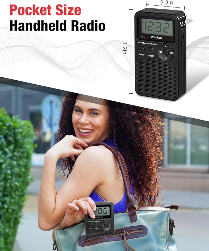AM/FM Radio, Battery Operated Portable Radio with Clock, Preset, Sleep Timer and Battery Backup for Yard Work, Walking, Camping, Jogging, Fishing, Handheld Size, 3 AA Battery Powered (Black)