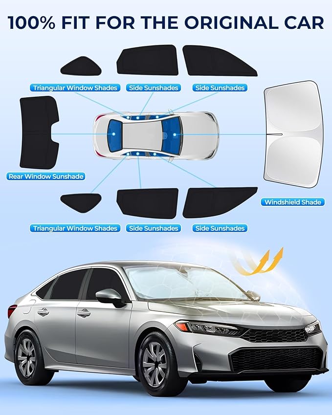 for Honda Civic 2022-2025 Car Window Shades(NOT for Hatchback), 8pcs Privacy Sun Shade Set for Front Windshield Side and Rear Windows, Full Window Covers Keeps Vehicle Cool for Camping Napping