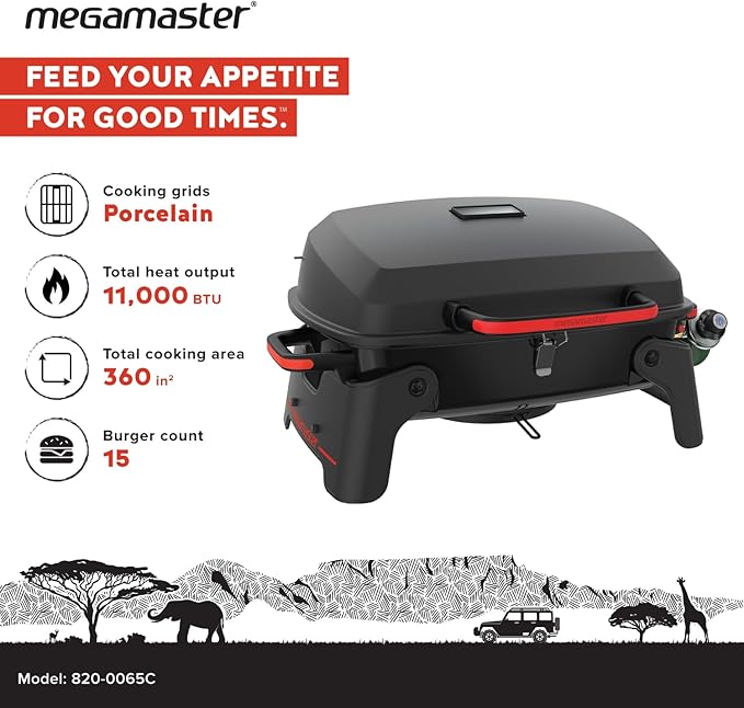 Megamaster 1-Burner Portable Gas Grill with Locking Lid, 11,000 BTU Stainless Steel Burner, Foldable Legs, Small Propane Grill for Outdoor Cooking, Camping, BBQs, Patios, and Gardens - 820-0065C