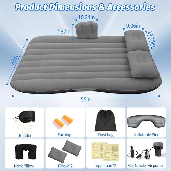 Onirii Inflatable Car Air Mattress Back Seat Bed with Air Pump,55 "x 35" Portable Thickened Car Travel Camping Sleeping Air Mattress Blow Up Bed for Car Universal SUV