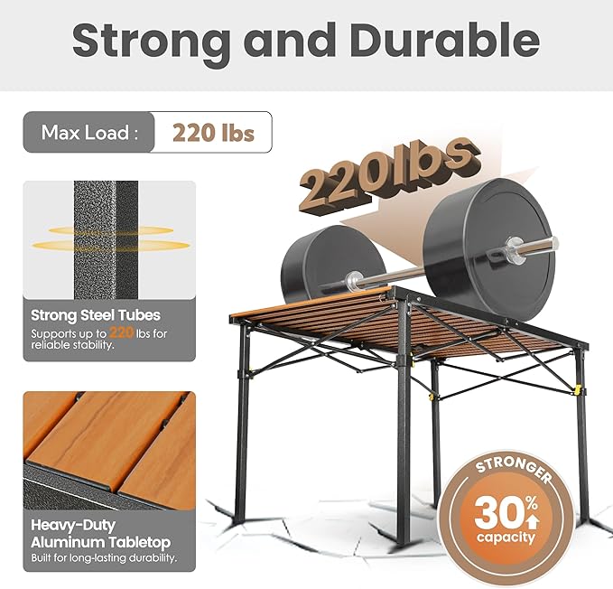 Join Nature 46.4" Large Folding Camping Table for 2-6 People - Heavy Duty Camp Table Foldable with Aluminum Roll-Up Top & Carry Bag - 220lbs Capacity, Portable for BBQ, Tailgating, Backyard (Natural)