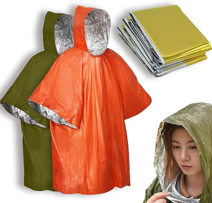 4X Surviv`al Gear kit, Emergency Poncho (2pc), Emergency Space Blanket (2pc), Mylar Liner - Retains 92% Body Heat, Outdoors, Hiking, Camping, Bug Out Bag, Marathons or First Aid, Car (G + O)