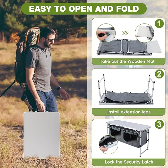 Outdoor Folding Camping Table with Storage Organizer, Portable Aluminum Composite Panel Lightweight Table, 3 Adjustable Height, for Indoor, BBQ, Party, Picnic, Hiking, Beach | Outdoor, Storage Organizer, Portable, Lightweight Table, Indoor, BBQ