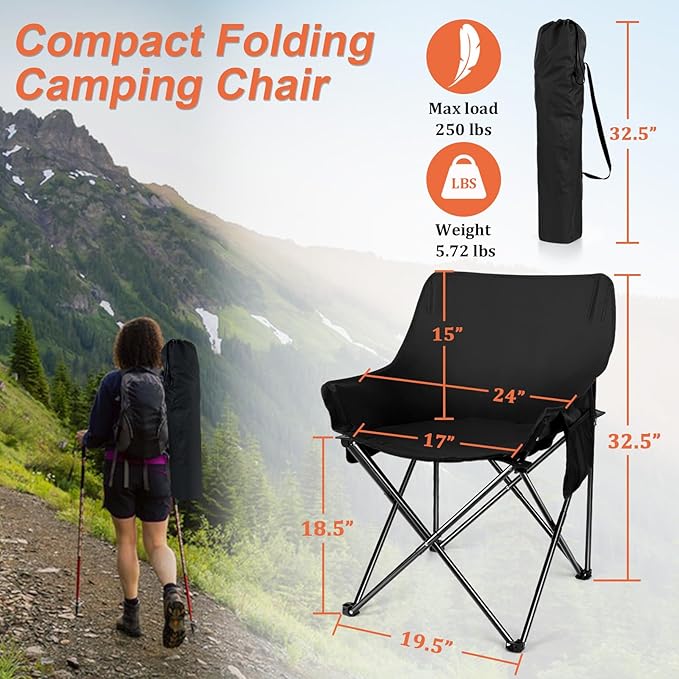 Joyfair Outdoor Camping Chair for Adult, Large Portable Folding Moon Chairs with Carry Bag for Patio Beach, Fishing, Lawn and More Outdoor Sports, 600D Oxford Fabric & Heavy Duty Steel (1, Black)
