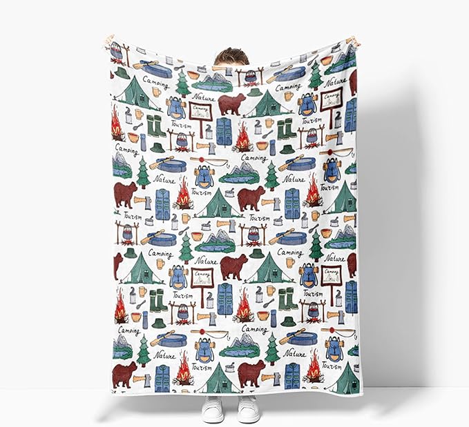 Camper Throw Blanket, RV Camper Accessories for Travel Trailers Throw Blanket, Flannel Camping Soft Warm Cozy Throws Cover for Couch Chair Sofa Bed Outdoor Inside Travel Decor
