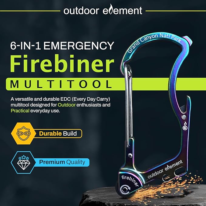 OUTDOOR ELEMENT Firebiner Custom Engraved 6-in-1 Fire Starter Carabiner Multitool – Survival Gear EDC Keychain with Utility Blade, Bottle Opener, Screwdriver, Emergency Tool