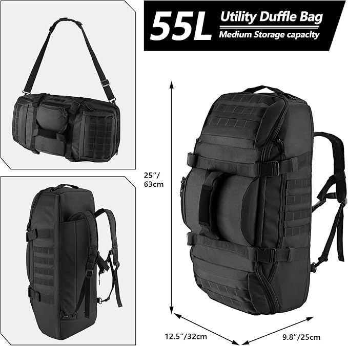 Hannibal Tactical 55L Large Duffle Bag, 3-in-1 Tactical Backpack MOLLE Pack for Sports, Gym, Outdoor, Black