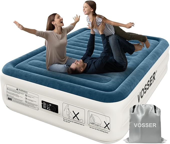 VOSSER Queen Air Mattress with Built-in Pump, Extra Thick Blow Up Mattress, Leak-Proof Air Bed with Storage Bag, Flocked Top Inflatable Mattress for Home, Camping & Guests，800lbs