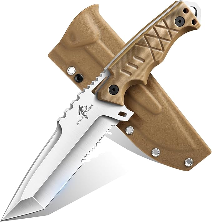 Purple Dragon Fixed Blade Knife - Tanto Knife with D2 Steel Blade and G10 Handle - Camping Knives with Sheath for Bushcraft Survival Hiking - Christmas Gift for Men and Women