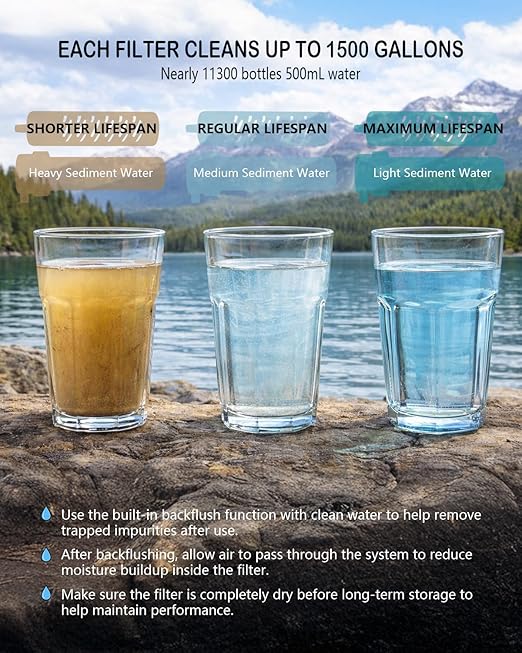 BKLES 3-in-1 Solar Electric Water Filter with Hand Pump - Camping Water Filtration System Survival, Portable Water Purifier with Emergency Light, Survival Kit for Backpacking, Birthday Gifts for Men