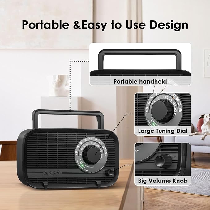 AM FM Portable Radio Plug in Wall or Battery Operated Radio with Best Reception,Bluetooth,Headphone Jack,Large Dial Easy to Use for Seniors Elderly Black