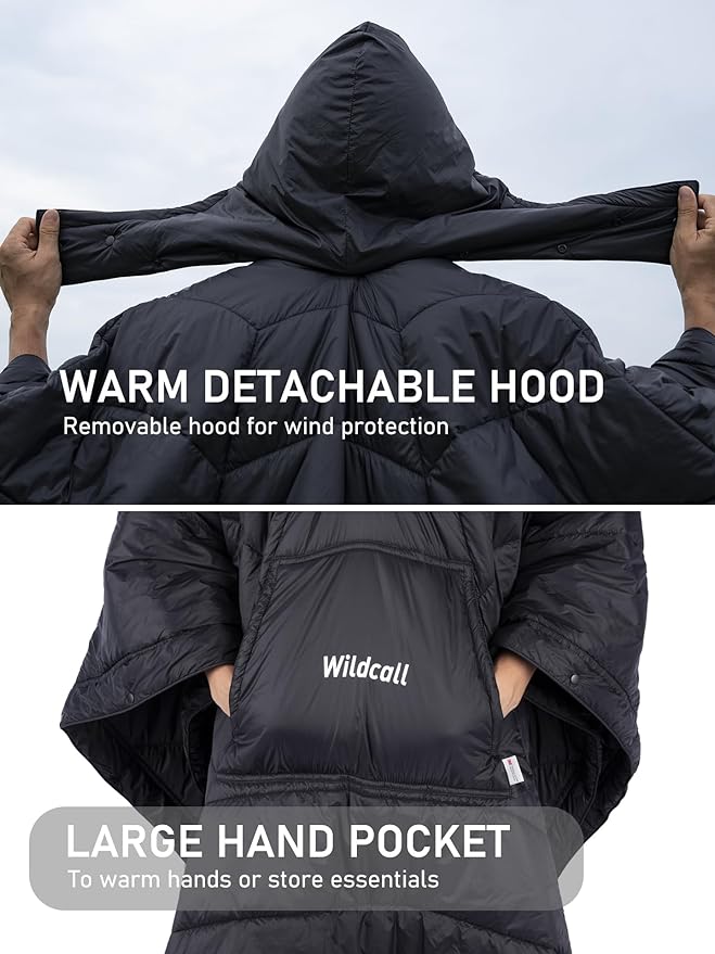 WildCall Hooded Camping Blanket with 3M Thinsulate Insulation Wearable Poncho Blanket Ultralight Foldable Quilt Sleeping Bag for Outdoor, Hiking, Stadium