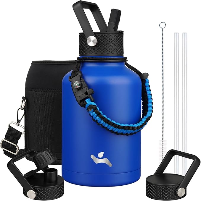 Konokyo Insulated Water Bottle with Straw,50 oz 3 Lids Water Jug with Carrying Bag,Paracord Handle,Double Wall Vacuum Stainless Steel Metal Flask,Blue