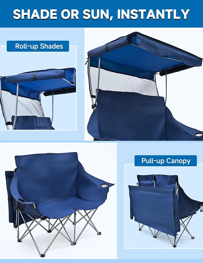 East Oak Double Camping Chair with Canopy | 24" High Back Camping Couch for Adults with 360° Sun Protection, 14.7 lbs Lightweight, 660 lbs Heavy Duty Canopy Chair for Outdoors