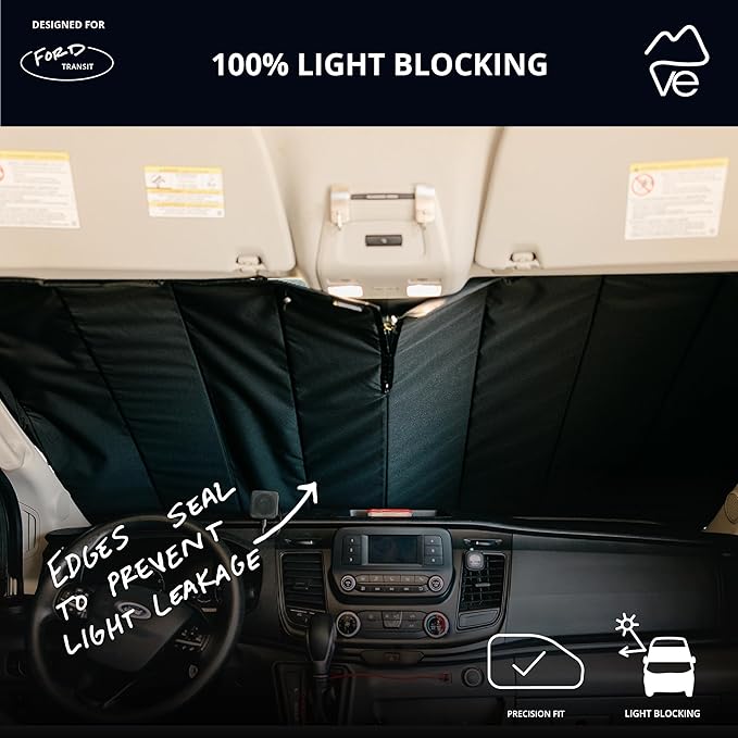 VanEssential Insulated Stealth Blackout Window Cover Designed for Ford Transit High/Medium Roof Front Windshield - Black
